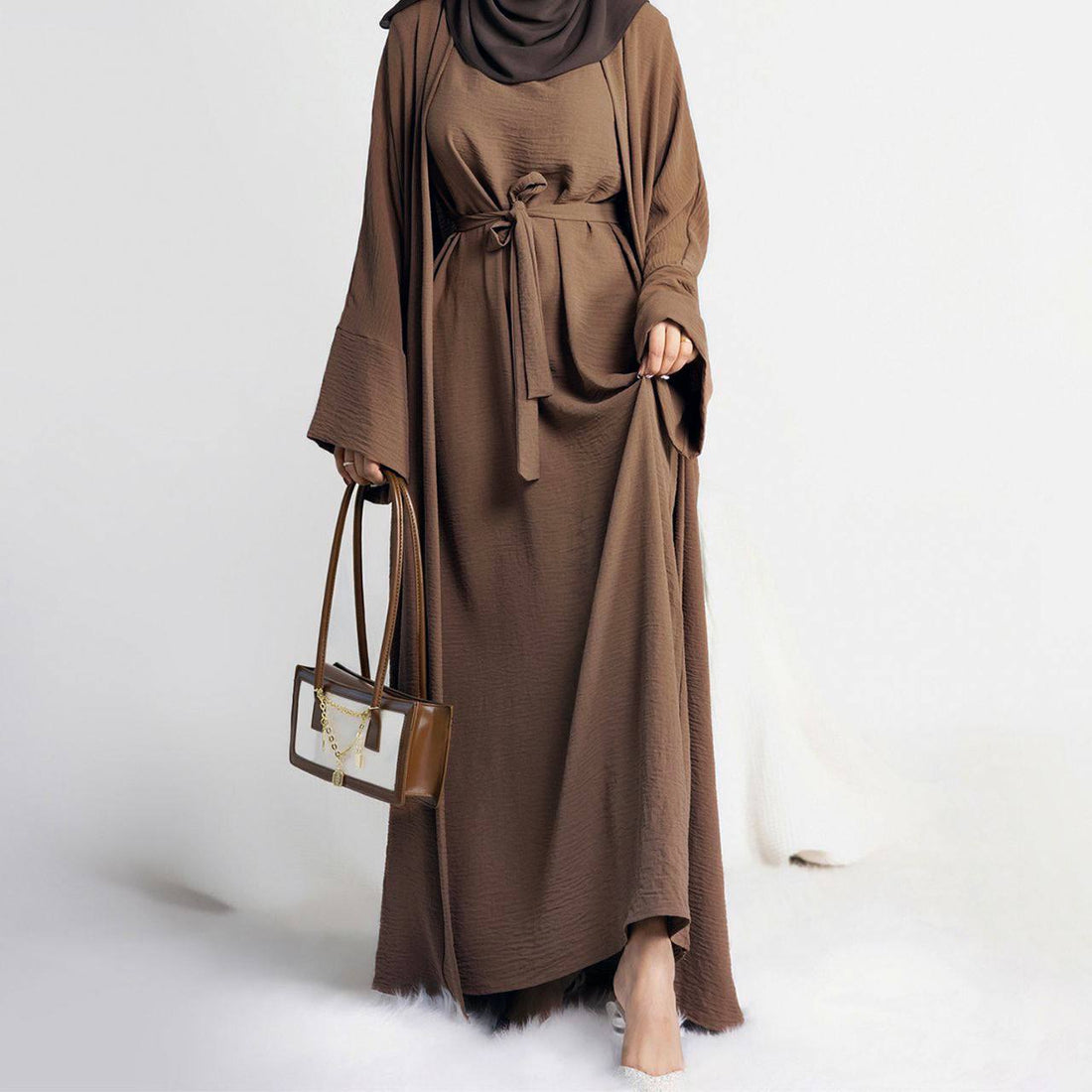 DUBAI CRUSH DOUBLE SHRUG ABAYA | BROWN