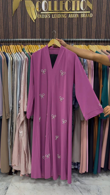 LAYA LUXE - FRONT OPEN BOW ABAYA | MAUVE PINK