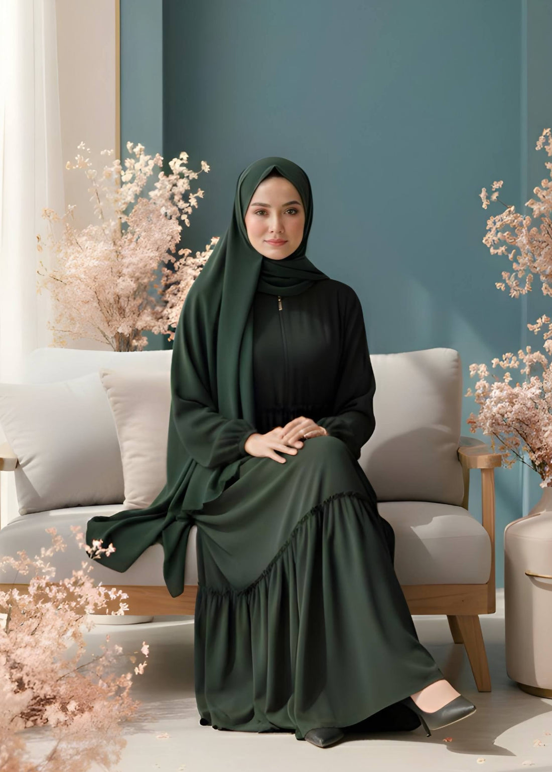 SUFIYA PLEATED ZIPPPER ABAYA |  OLIVE