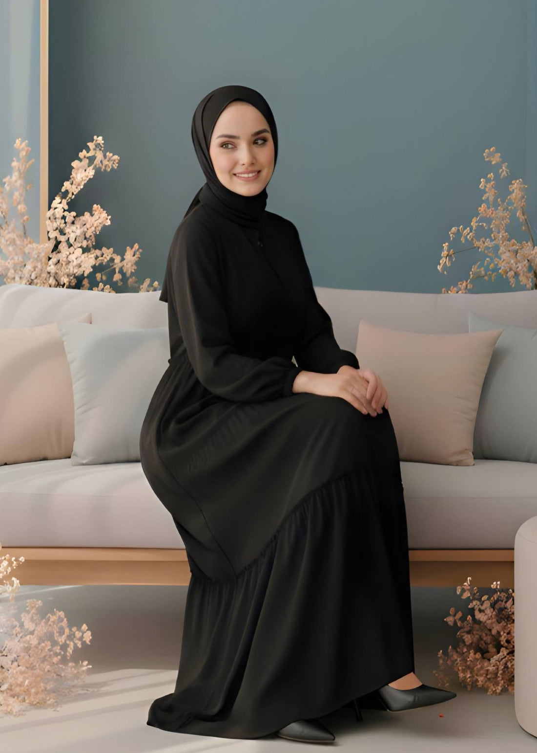SUFIYA PLEATED ZIPPPER ABAYA | BLACK