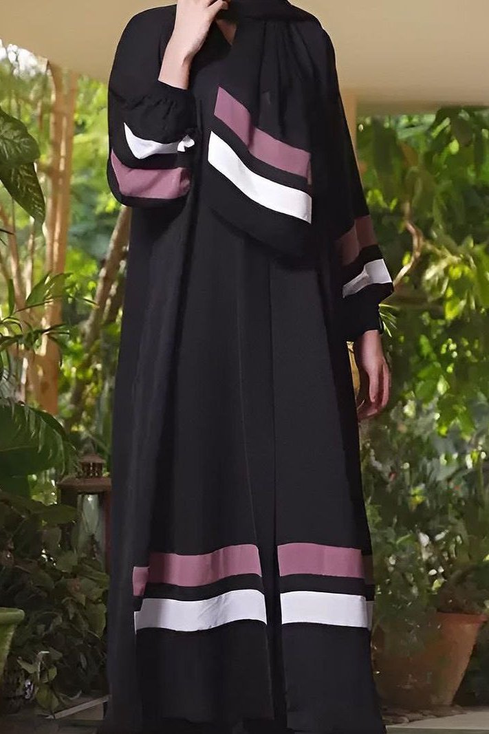 Front Open Contact Patti Work Abaya - BLACK