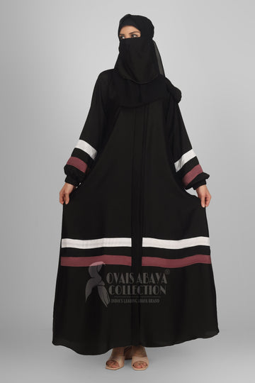 Front Open Contact Patti Work Abaya - BLACK