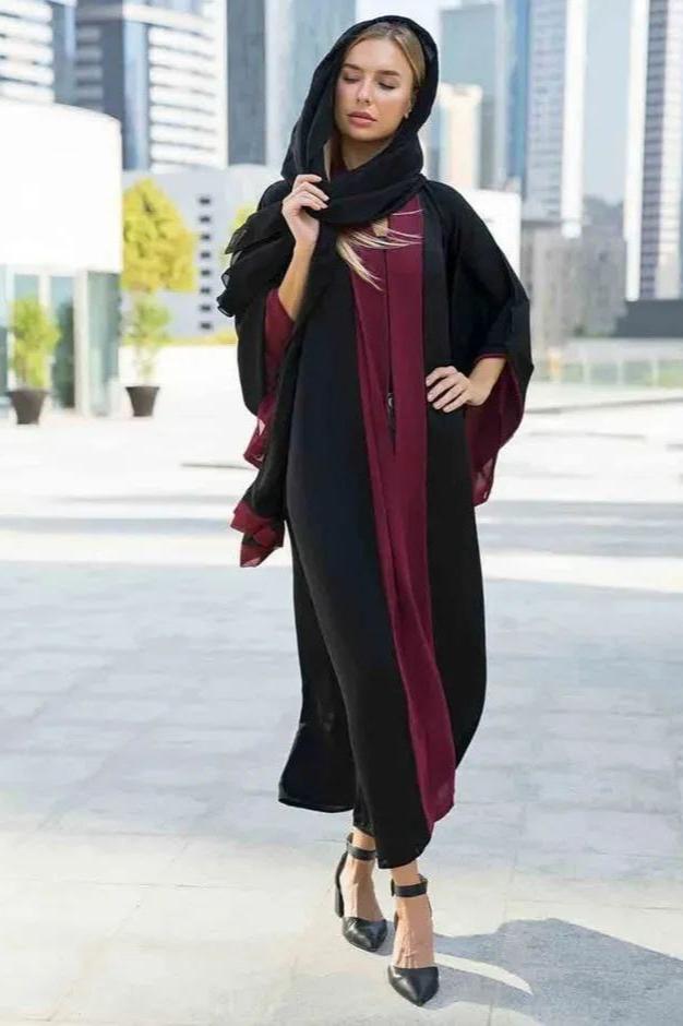 IMPORTED KIMONO ABAYA | BLACK TO MAROON