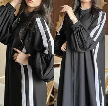 UROOJ WHITE STRIPS ZIPPER ABAYA