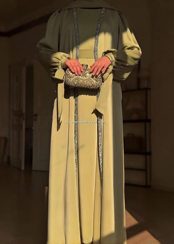 BISMA DOUBLE SHRUG ABAYA | PISTA GREEN