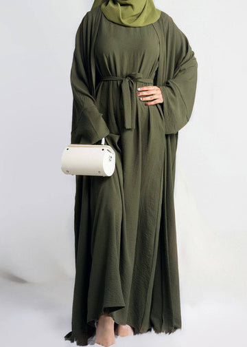 DUBAI CRUSH DOUBLE SHRUG ABAYA | OLIVE