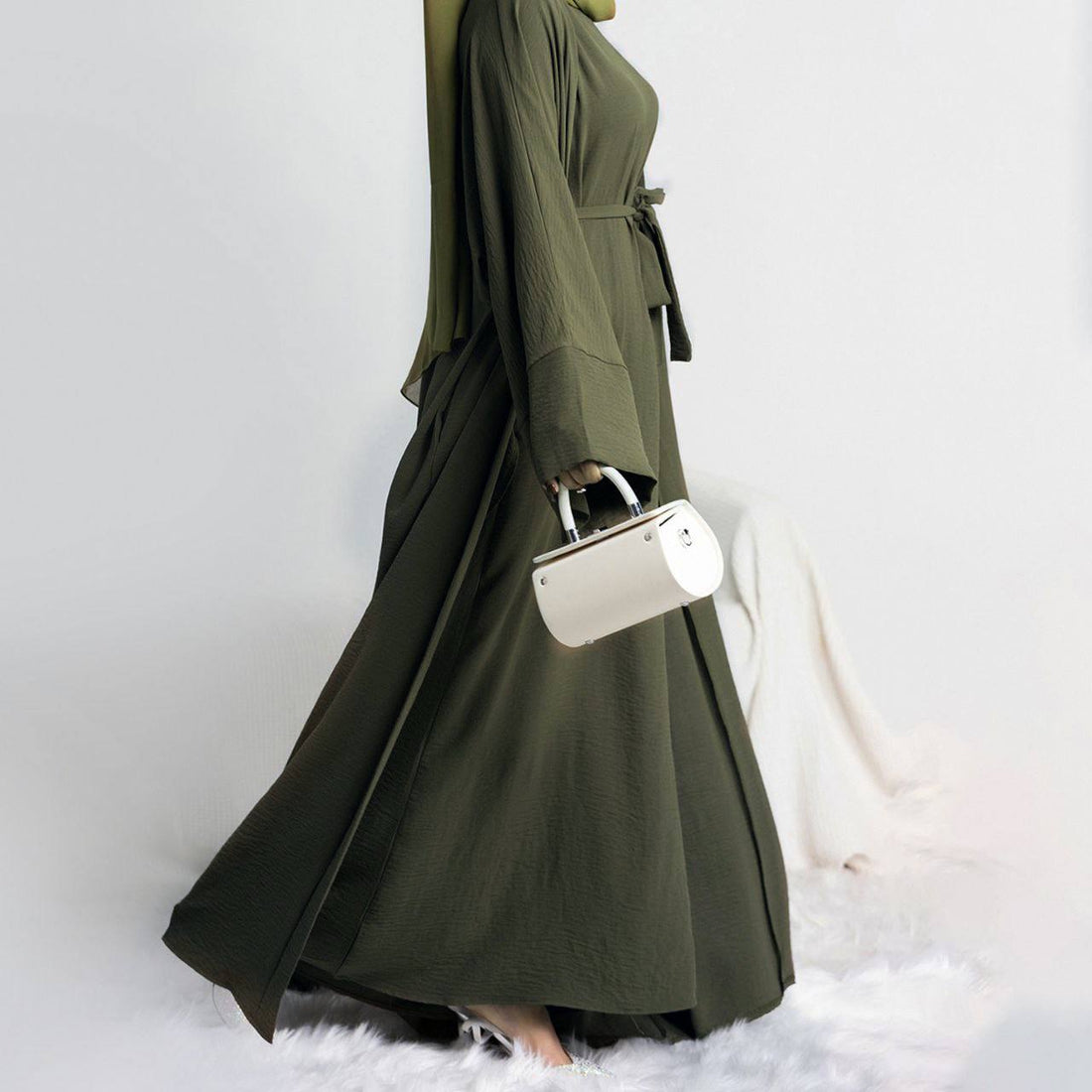 DUBAI CRUSH DOUBLE SHRUG ABAYA | OLIVE