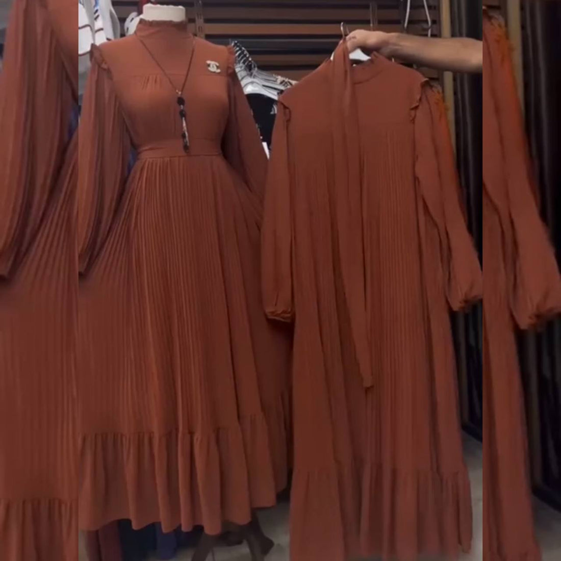 RIDA PLATED FRILL ABAYA | MOCHA BROWN