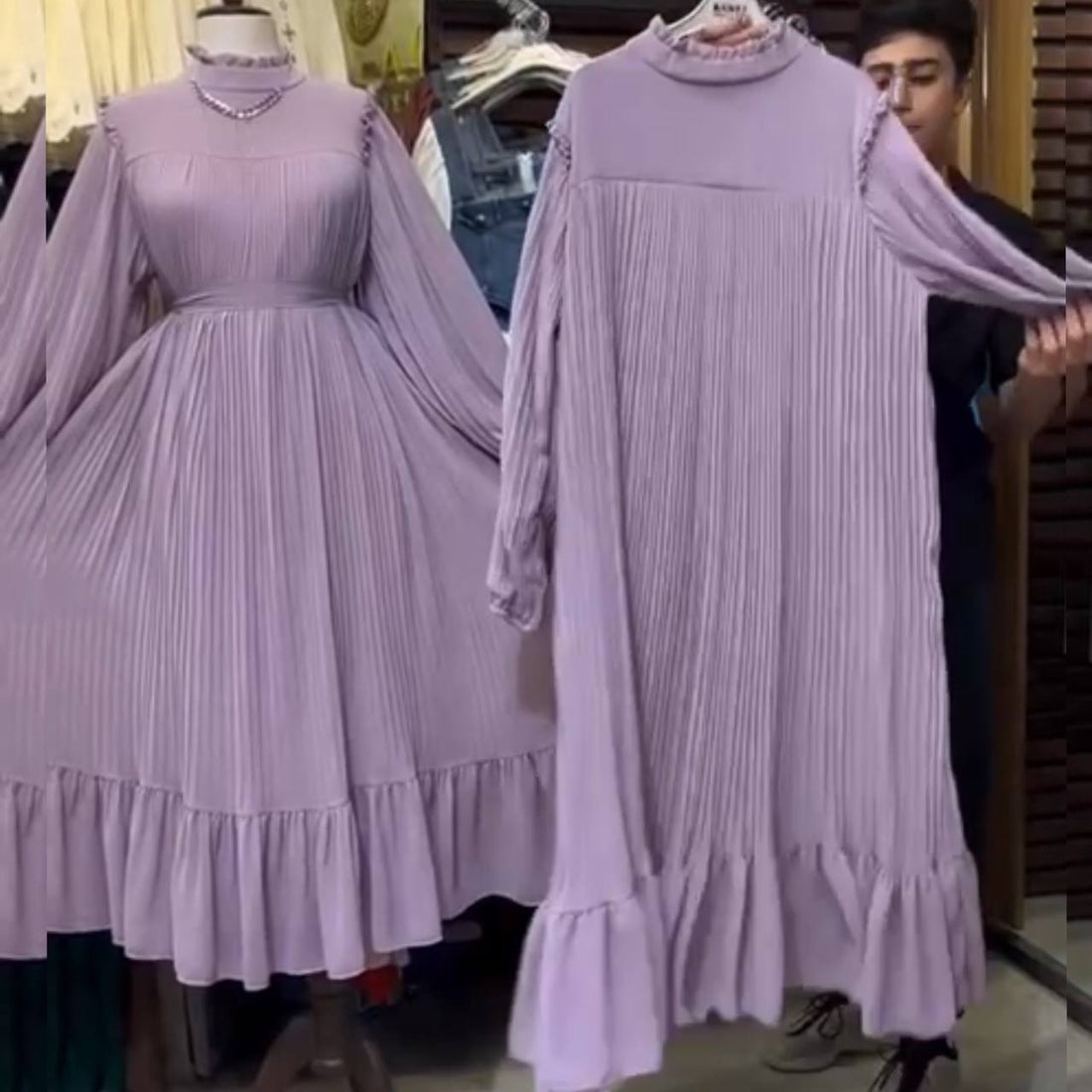 RIDA PLATED FRILL ABAYA | LITE LAVENDER