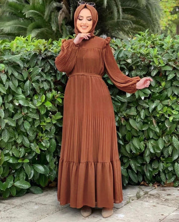 RIDA PLATED FRILL ABAYA | MOCHA BROWN